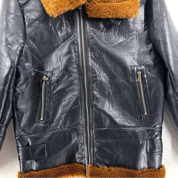 𝅺LIONESS Black Faux Leather Jacket Faux Fur Lining and Trim - Picture 5 of 9